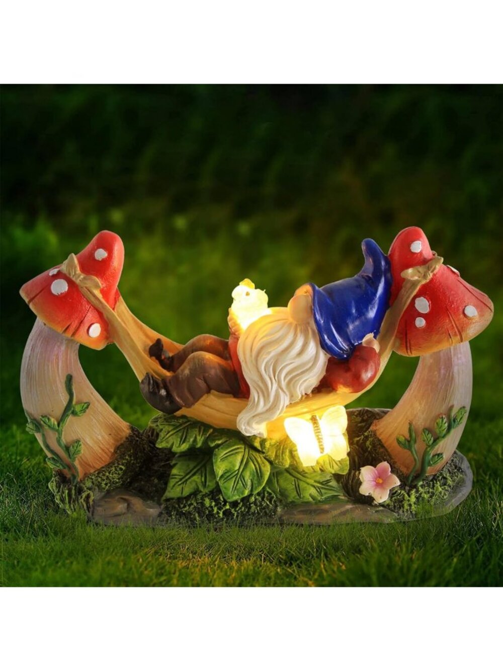 Charming Solar Garden Gnome Statue on Hammock with Bird & Mushrooms - Perfect